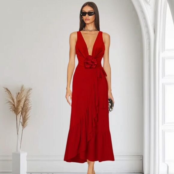 New Elegant Red Ruffle Wrap Cover Up Skirt - Picture 7 of 11